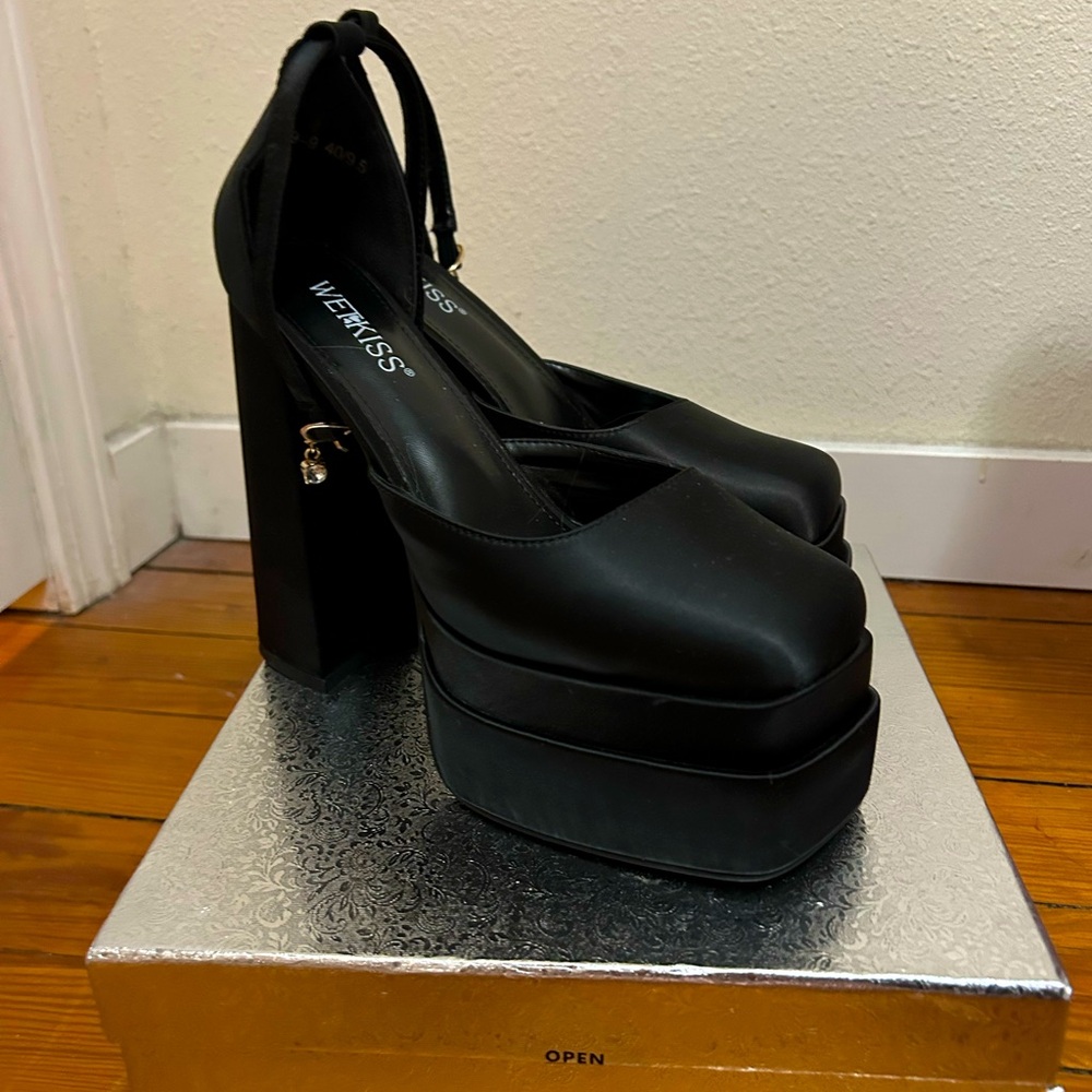 Wetkiss Black Satin Platform Heels never worn